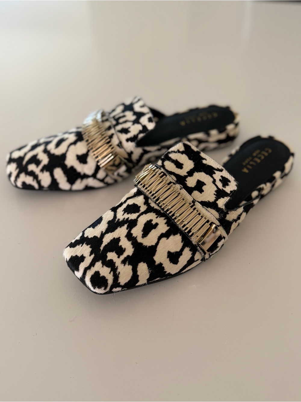 Cecelia New York Black and White with silver hardware leopard pony hair leather